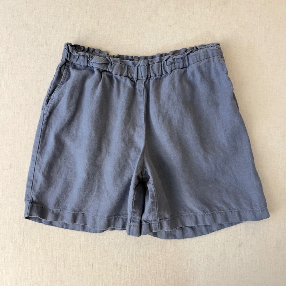 Pure Jill Linen Shorts Small Slate Blue Lagenlook Coastal Paperbag Pull On